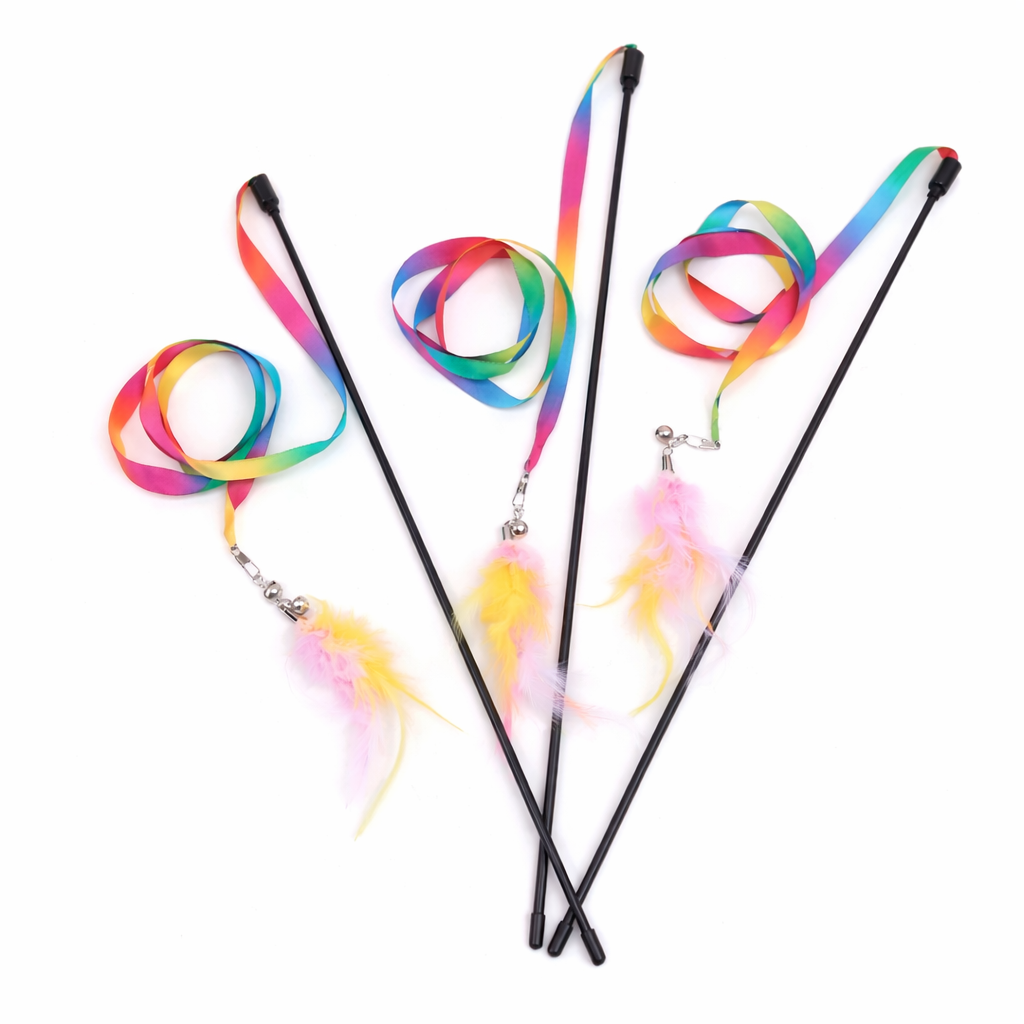 Interactive Feather Cat Wand Toy – Satin Ribbon Teaser Stick with Bell for Kittens & Cats
